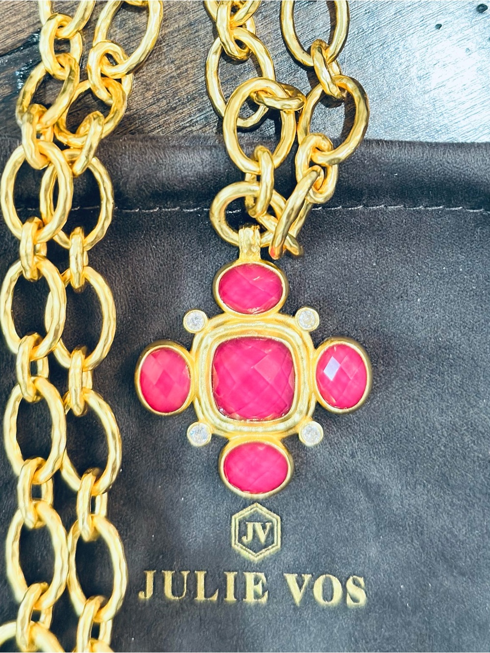 Julie Vos Gold Chain Necklace with Fuchsia Stone Cluster Pendant